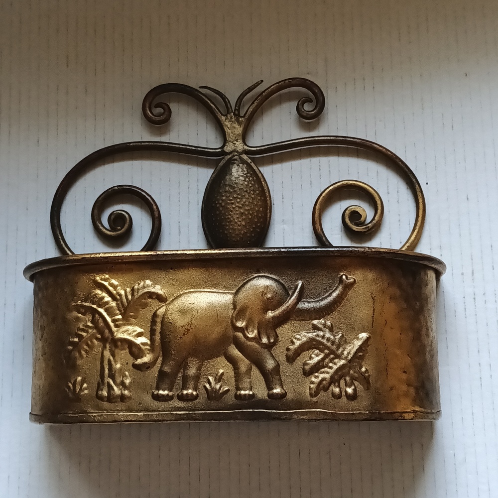 Vintage Gold Patina Metal Elephant Decor Planter Wall Pocket